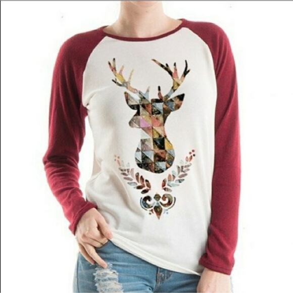FASHIONOMICS Reindeer Christmas Baseball Shirt Small - Picture 1 of 1